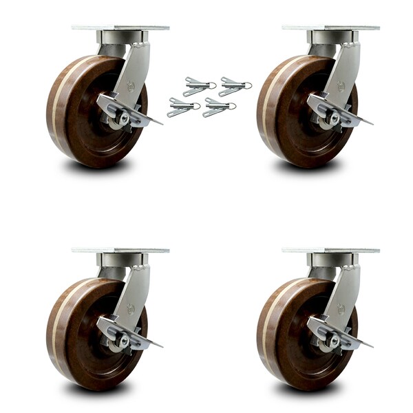 10 Inch Heavy Duty High Temp Phenolic Caster with Brakes and Swivel Locks, 4PK